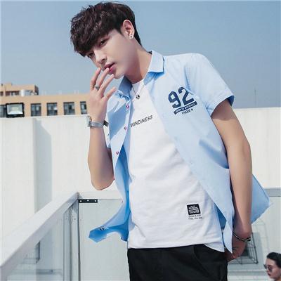 春夏款短袖衬衫男青少年韩版修身白衬衣学生棉质薄款潮流男装男衬