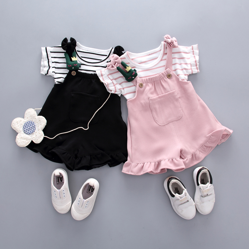 女童夏装套装2023新款童装洋气韩版短袖T恤公主背带裤两件套1-3岁
